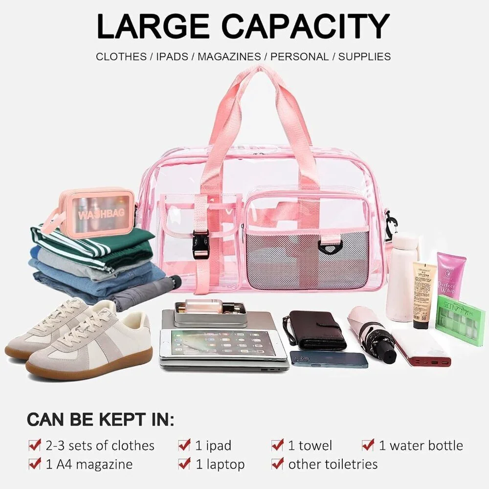 Women Clear-Pink Small Gym Carry On Weekender Travel Duffle Shoe Compartment Bag - Picture 5 of 5